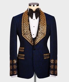 Elegant Blue Sets With Sequins, Elegant Blue Sequined Sets, Luxury Gold Suit For Party, Formal Blue Embellished Sets, Blue Embellished Formal Sets, Luxury Blue Suits For Festive Season, Luxury Blue Suits For Festive Occasions, Designer Tailored Embellished Sets, Fitted Hand Embellished Sets For Ceremony