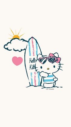 an image of hello kitty with surfboard and sun in the background, on a white background