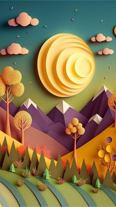 paper cut landscape with mountains and trees