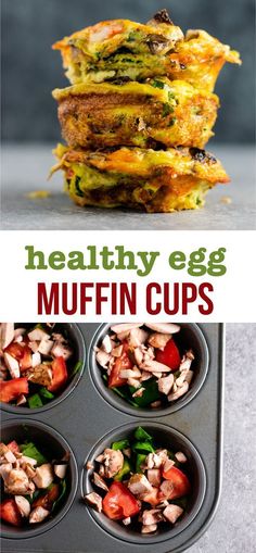 healthy egg muffin cups with spinach, tomatoes and other toppings in them