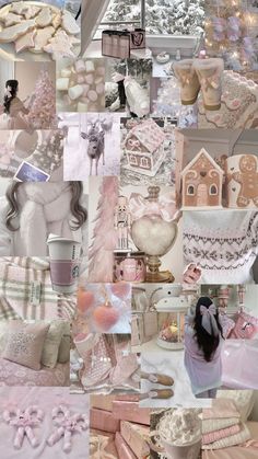 a collage of pink and white pictures with snowflakes, christmas trees, houses, candles, gifts