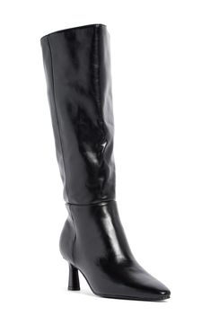 Elevate your cool-season looks with this sleek knee-high bootie framed with a snipped pointed toe and lofted by an angled kitten heel. 2 1/4" heel 16" shaft; 13" regular calf circumference; 15" wide calf circumference Synthetic upper and lining/rubber sole Imported Black Mid-calf Boots For Work With High Shaft, Black Mid-calf Boots High Shaft For Work, Sleek Knee-high Boots With Pointed Toe For Winter, Sleek Knee-high Boots For Work In Spring, Sleek Knee-high Boots For Spring Workwear, Sleek Knee-high Heeled Boots For Spring, Sleek Spring Knee-high Heeled Boots, Black Knee-length Office Boots, Spring Formal Knee-high Boots