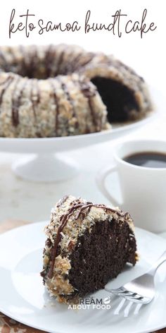 a chocolate bundt cake on a plate with a fork and cup of coffee in the background