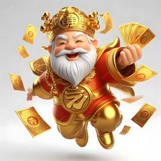 an animated chinese character with gold and red clothing, surrounded by golden money notes in the air