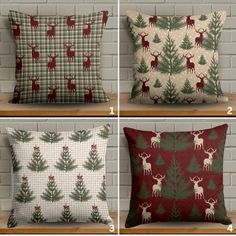 four pillows with christmas trees and deers on them are shown in three different sizes