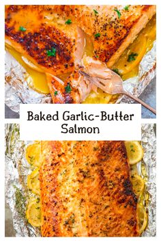 baked garlic butter salmon on foil with lemons and parsley