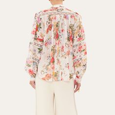 Camilla blouse decorated with a beautiful floral print, crystal accents, and lace insets Band collar; button placket Long blouson sleeves Button cuffs Back yoke Relaxed fit Organic cotton Imported Lace Inset, Band Collar, Button Placket, Lace Trim, Sleeve Blouse, Tops Designs, Floral Print, Organic Cotton, Floral Prints