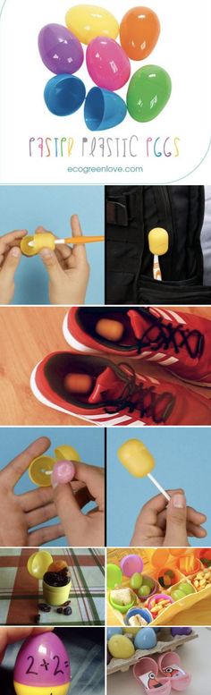 an advertisement for plastic eggs is shown in four different pictures, including one being spooned out