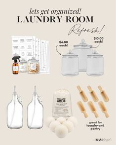 the laundry room is set up with bottles, soaps and other items for cleaning