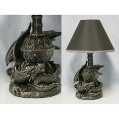 a lamp that is next to a dragon statue