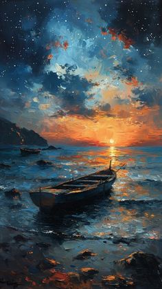 a painting of a boat on the water at sunset with clouds and stars in the sky