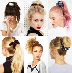 Hairstyles Scrunchie, Hairstyles Scrunchies, 1990s Hairstyles, Elastic Braid, Curly Hair Accessories, Curly Hair Trends, Scrunchie Styles, Top Bun, Ombre Highlights