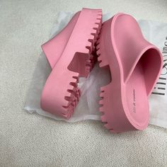 Size 7. These Are So Fun I Have Them In Black, Pink, And Green. I Wear Them Every Day. But Great For The Pool And Beach Too!!! Casual Pink Non-slip Platform Slippers, Casual Slip-on Sandals With Chunky Platform, Casual Chunky Platform Sandals With Closed Toe, Summer Chunky Platform Slip-on Clogs, Vacation Slip-on Clogs With Rubber Sole, Chunky Platform Slip-on Clogs For Summer, Trendy Summer Clogs With Flat Heel, Trendy Flat Heel Clogs For Summer, Casual Slide Sandals With Chunky Platform