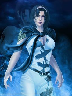 an animated image of a woman in white with black hair and wings on her shoulders