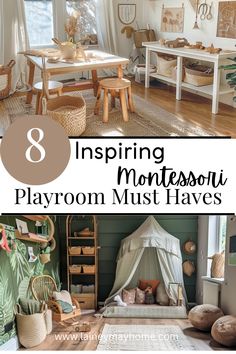 the interior of a montessou playroom with lots of toys in it and text overlay that reads 8 inspiring montessou playroom must have