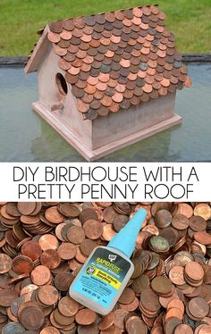 a birdhouse with a penny roof is shown next to a pile of pennets