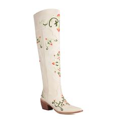 GOOSHOE Small Square Toe Wood Grain Thick Heel Embroidery Floral Ethnic Women's Over The Knee Boots Plush Lining Long Boots Beige-34 Long Cowboy Boots, Over Knee High Boots, Women's Knee High Boots, Women's Over The Knee Boots, Western Women, Pointed Toe Boots, Chunky High Heels, Pointed Heels, Embroidery Floral