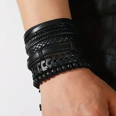 Men's Genuine Black Leather & Bead Bracelet Set (S2) Set Includes All 6 Bracelets Brand New Makes A Great Gift For Him. Heart Cross Necklace, Stainless Steel Cross Pendant, Flexible Bracelet, Skull Pendant Necklace, Pendant Necklace Simple, Key Pendant Necklace, Mens Gold Wedding Band, Black Wedding Band, Black Wedding Rings