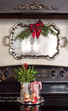 a stove top oven sitting next to a potted plant and peppermint in front of a mirror