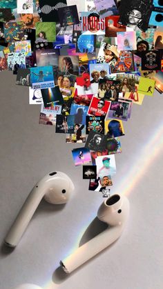 an apple airpods is surrounded by photos and rainbows in the background, as if it were made out of pictures