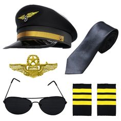 PRICES MAY VARY. 【High Quality Material】All items are made of high quality material. The hat and tie is made of cotton and plastic; sunglasses are made of plastic lenses and metal frames. 【Cool Pilot Accessories Set】Great for cosplay, Halloween party, masquerade, school classroom dress up pretend play. 【What Will You Get】The packge inclueds a pilot hat, a pair of sunglasses, a tie, a pair of pilot wings and a badge. 【Endless Fun】This product is suitable for various occasions, while it is cool, i Pilot Halloween Costume, Pilot Accessories, Pirate Captain Hat, Pilot Halloween, Flight Attendant Costume, Stewardess Costume, Captain Costume, Pilot Wings, Sailor Theme