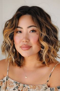 Balayage long bob cut on wavy curly hair