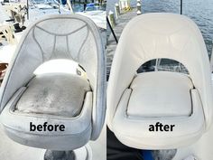 before and after photos of a boat seat