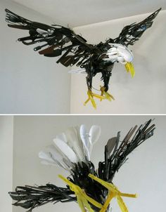 two pictures of an eagle made out of plastic spoons and forks, one in the shape of a bird