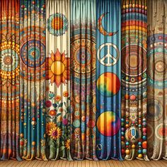 colorful curtains with peace signs and sunflowers are hanging in front of a wooden floor