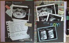 a binder with pictures and writing on it next to a spiral notebook that says, we're pregnant? it's a boy