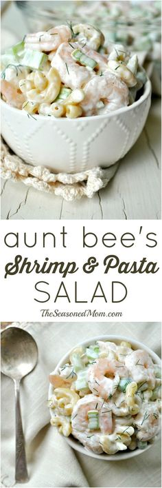 an image of shrimp and pasta salad in a white bowl with the title above it