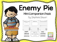 a boy holding a piece of cake with the words enemy pie on it and an image of