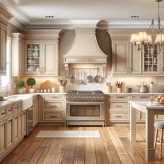 a large kitchen with wooden floors and white cabinets, an island countertop and two ovens