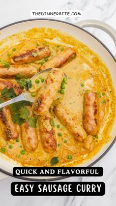 chicken and flavorful easy sausage curry in a white bowl with text overlay that reads, quick and flavorful easy sausage curry