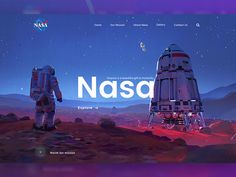 the nasa website is displayed on a purple background with an image of two astronauts in space