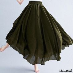 Olivia Mark - Forest Artistic Cotton Linen Midi Skirt with Elastic Waistband and A-Line Design in Solid Color Green Long Skirt, Maxi Skirt Spring, Long Green Skirt, Floor Length Maxi Skirt, Olive Skirt, Half Body, Womens Fall Dress, Pleated Maxi Skirt, Embroidered Maxi Dress