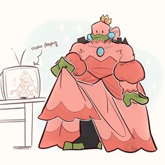 a cartoon character is standing in front of a tv and wearing a pink dress with a crown on it's head