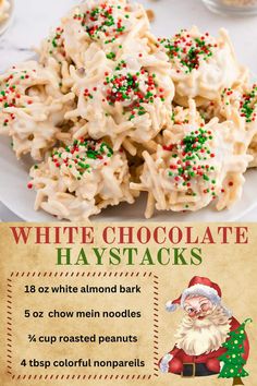 white chocolate haystacks with christmas sprinkles on top