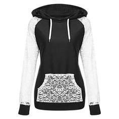 Hoodie Women Top Lace Printed Long Sleeve Pocket Drawstring Sweatshirt - Black - 3B02893812 - Women's Clothing, Women's Hoodies & Sweatshirts  #WomensHoodiesSweatshirts #Women's #Clothing # #Women's #Hoodies #& #Sweatshirts Black Spring Hoodie With Kangaroo Pocket, Black Fall Sweater With Kangaroo Pocket, Black Sweater With Kangaroo Pocket For Fall, Lace Hoodie, Patchwork Fashion, Print Flower, Hoodie Coat, Lace Patchwork, Winter Hoodies