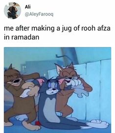 two cartoon cats hugging each other with caption that reads, me after making a jug of root afa in ramadan