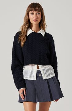 Cropped cable knit sweater Pull on style Dry clean only 50% Nylon, 35% Wool, 15% Acrylic Style #ACT18458 Cropped Sweater Outfit, Cropped Cable Knit Sweater, Camel Sweaters, Astr The Label, Sweater Outfit, White Button Up, Black Sweater, Cable Knit Sweater, Basic Style