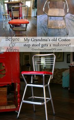 the before and afters of an old metal chair with red seat covers on it