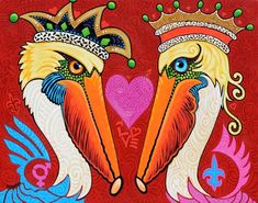 two birds with crowns on their heads are facing each other in front of a red background