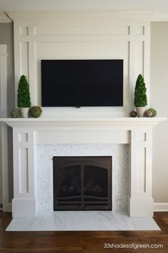 a fireplace with a flat screen tv above it and potted plants on the mantle