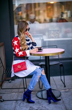 http://www.shallwesasa.com/2016/10/stars-and-stripes-sweater-gucci-marmont-woc-velvet-ankle-booties-at-sf-cafe-reveille.html Stripes Sweater, Stars And Stripes, 3.1 Phillip Lim, Gucci Handbags, About Fashion, Ankle Booties, Beautiful Outfits