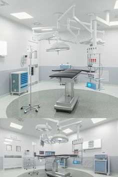 three different views of a hospital room with medical equipment in the center and on the floor