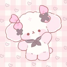 a pink teddy bear with bows on its head and hearts around it's neck