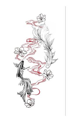 a drawing of two koi fish and flowers