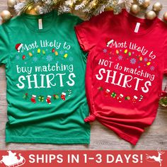 ❄️👉 Most likely to Couples Christmas shirts with 75 quotes and unique / original designs to choose from! Or make you own Custom Christmas 'Most Likely to' shirt with our personalized option! Simply browse all quotes found in product images or put your own custom text in the personalization field. These holiday group shirts and matching couples tees make awesome Christmas gifts ideas for your holiday Christmas party!❄️ * Design is Direct-to-Garment (DTG) * High-quality and super soft, comfortabl Most Likely To Christmas Shirts, Couples Christmas, Holiday Christmas Party, Couple Tees, Couples Sweatshirts, Group Shirts, Funny Couples, Christmas Couple, Party Design