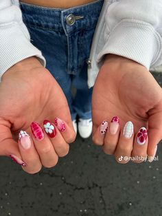 Almond Nails Fancy Designs, All Different Nail Designs, Summer Gel X Nail Designs, Multiple Design Nails, Red Summer Nails 2024, All Different Nails, Mismatched Nails Summer, Cute Nail Inspo Summer, Blooming Flower Nails